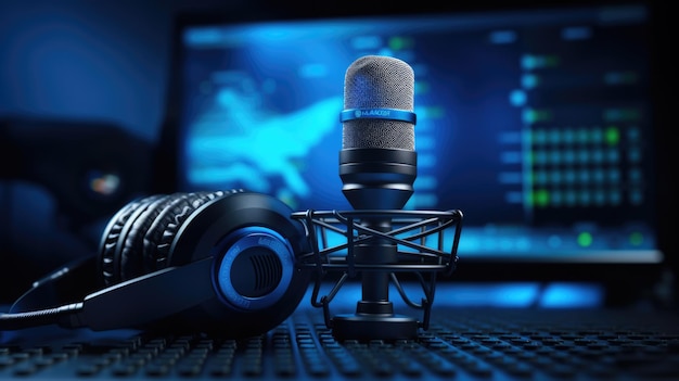 Microphone on the table on dark background closeup