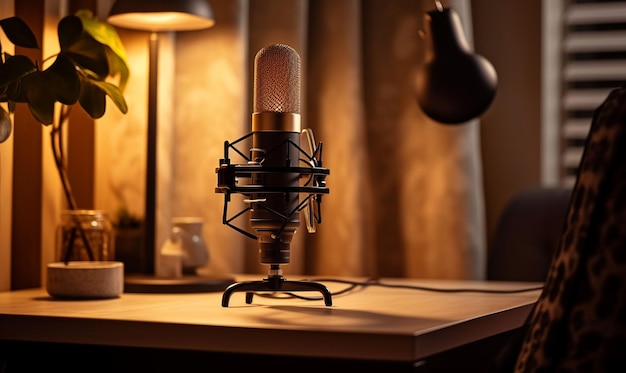 A microphone on a table in front of a lamp