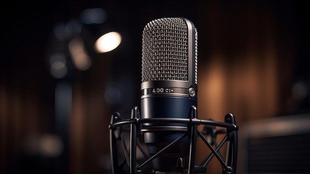 Microphone on the table in the recording studio closeup Podcasr studio AI generated