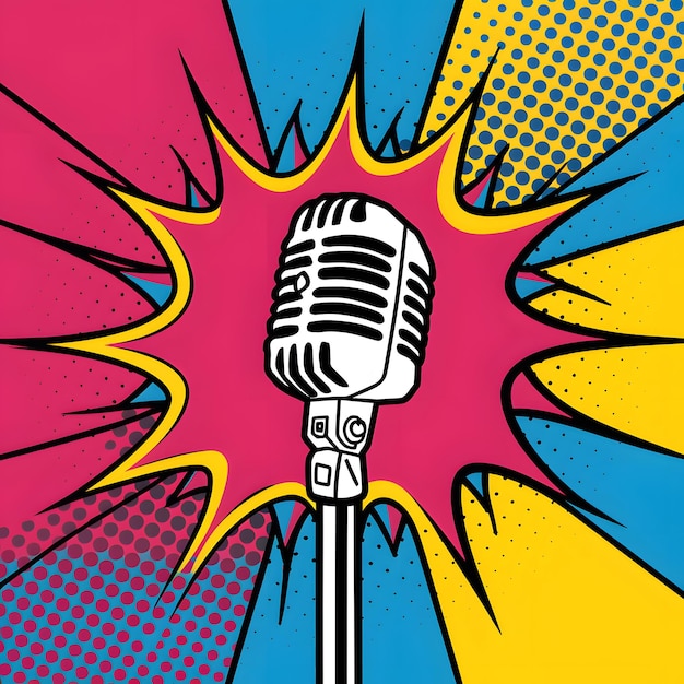 Microphone in vibrant pop art style amidst colorful burst