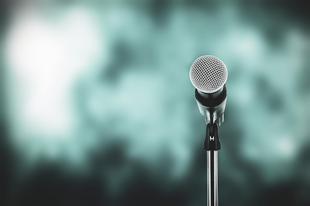 Microphone with stage light background for performance concept of speech comment and public speaking