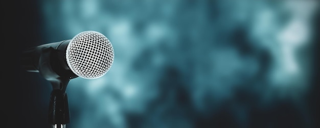 Microphone with stage light background for performance concept of speech comment and public speaking