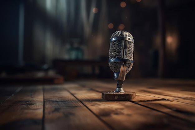 A microphone on a wooden table in a dark room