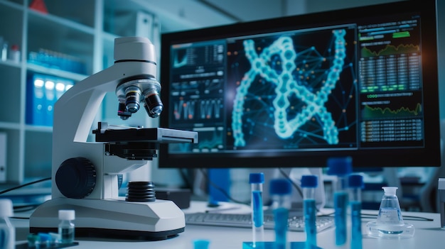 Photo microscope and computer screen displaying dna structure in a research lab