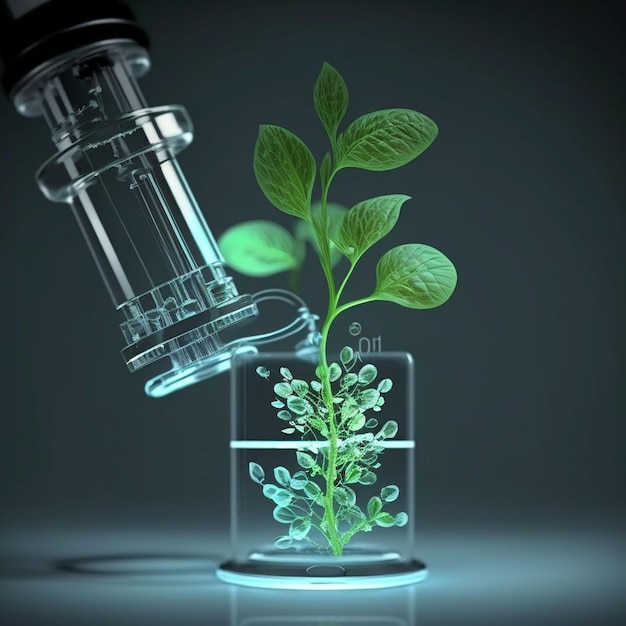 A microscope is being held up by a plant.