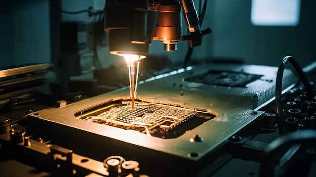 A microscope is lit up by a yellow light.