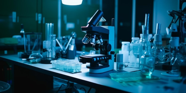 A microscope sits on a table in a lab with a blue background.