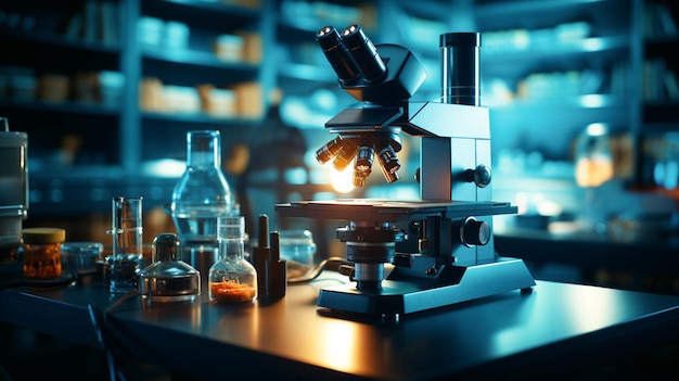 A microscope on a table in a blue wall blur background