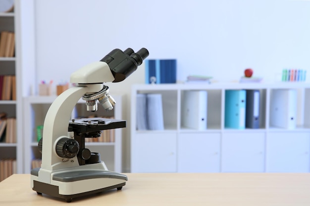 Microscope on table in chemistry class