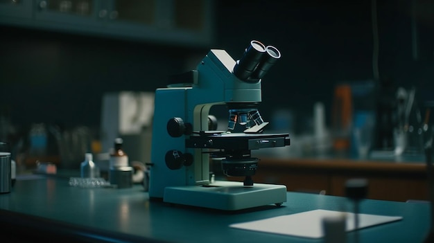 Microscope on table in scientific laboratory science research and development conceptgenerative ai