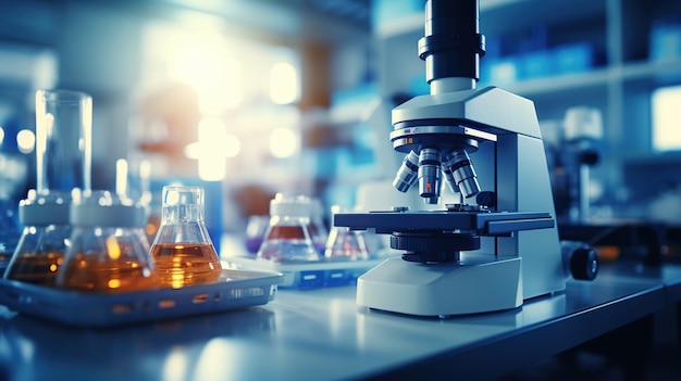 Microscope on table with chemical tubes and glassware in laboratory