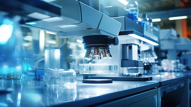 Microscope on table with chemical tubes and glassware in laboratory