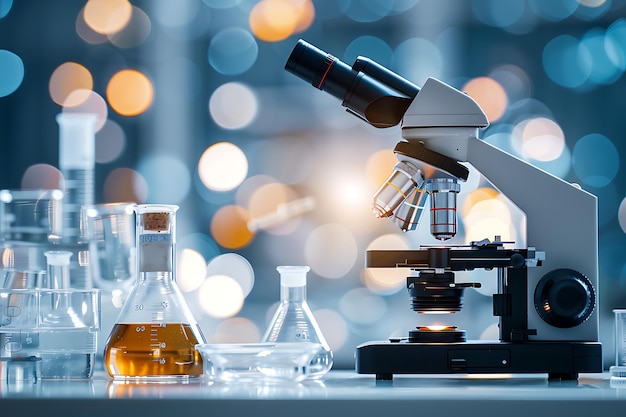 Microscope and test tubes on laboratory table science research and development concept