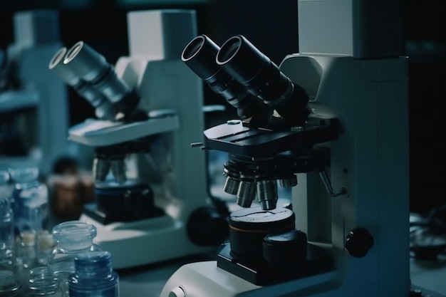 A microscope with a bottle of water in the background