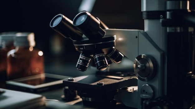 A microscope with a red label reading'the word lab'on it