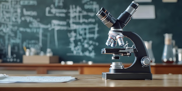 Photo microscope on wooden table with scientific notes