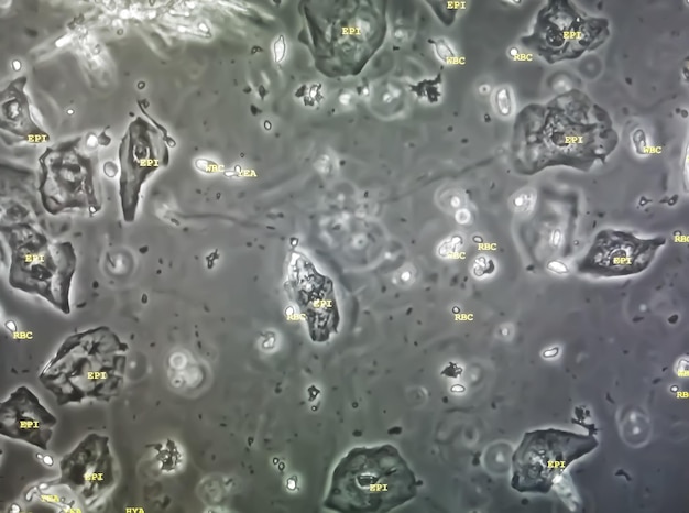 Microscopic image of abnormal urinalysis. urine exam. Urine routine examination.