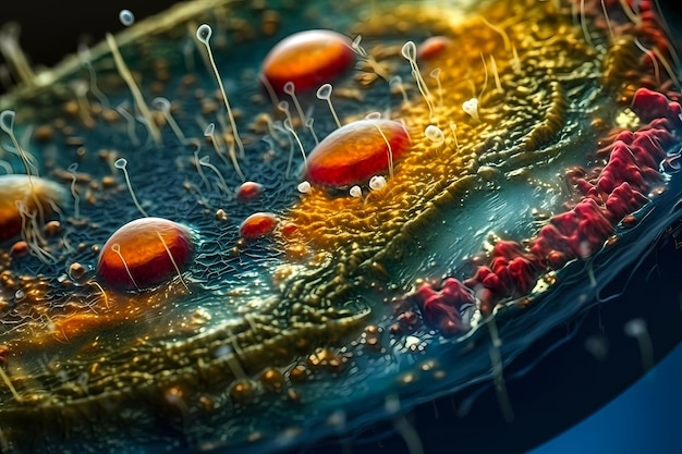 Microscopic macro close up shot of cell and bacteria Biology microbiology or chemistry background