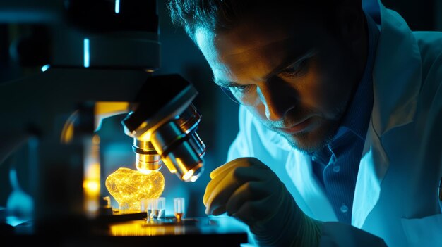 Photo microscopic marvel scientist studies glowing specimen under microscope