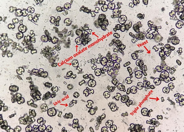 Microscopic Urinalysis showing calcium oxalate monohydrate, uric acid and triple phosphate crystal