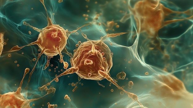 A microscopic view of cancer cells with a teal and gold background