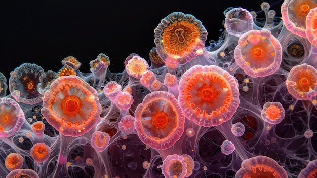 Microscopic view of colorful cells with intricate patterns and vivid details in shades of orange and purple on a dark background