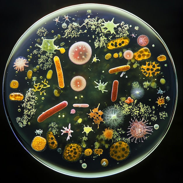 Photo microscopic view of diverse microorganisms in a petri dish