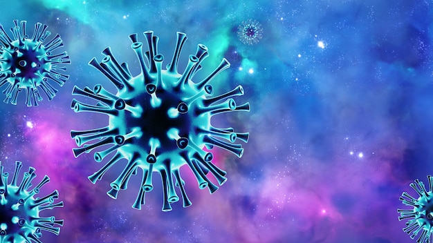 Microscopic view of influenza virus cells. 3D medical illustration