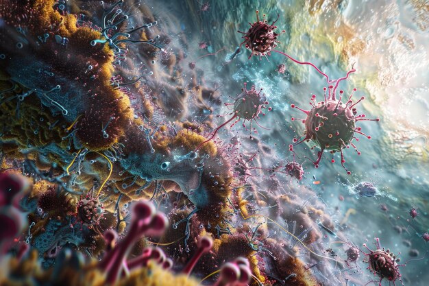 Microscopic view of vibrant pathogens and immune response illustrating healthcare concepts