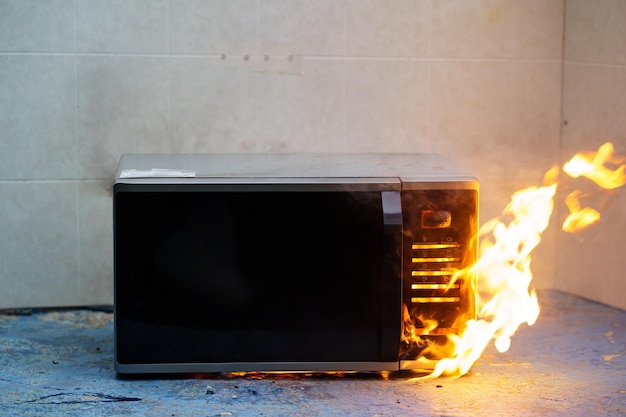 Microwave oven on fire the concept of fire in the kitchen