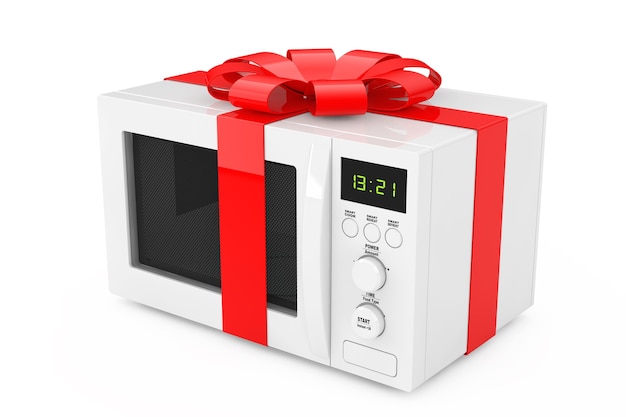 Microwave Oven Gift with Red Ribbon and Bow on a white background. 3d Rendering