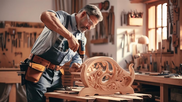 Mid adult carpenter using a drill while working with wood in a workshop