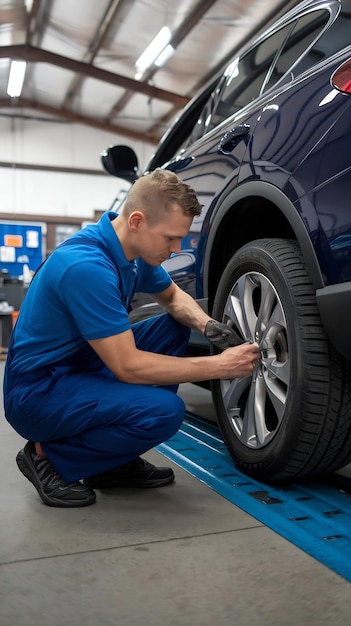 Mid adult mechanic checking depth of car tire in auto repr shop