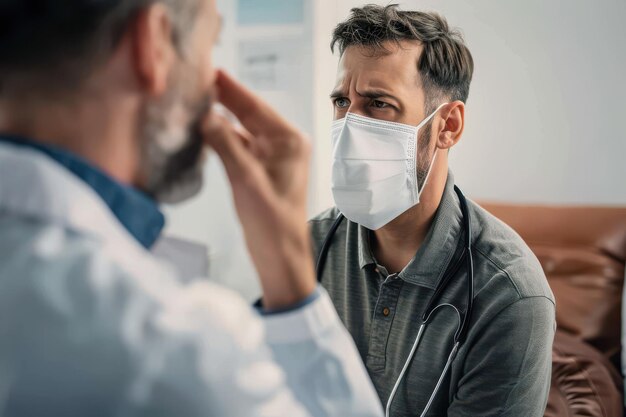 mid adult patient describing his breathing problem to a doctor