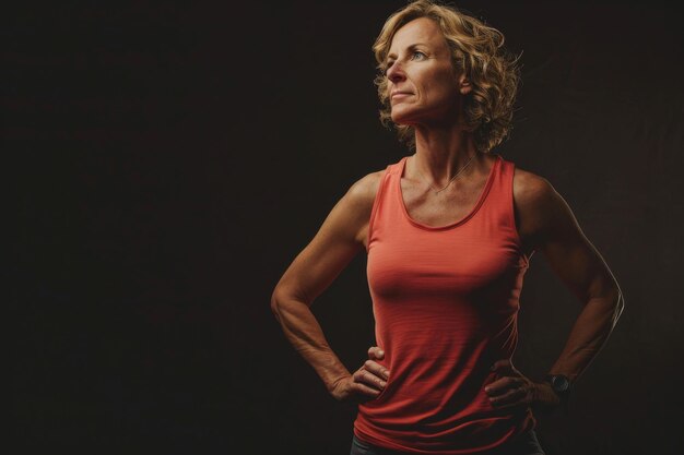 Mid age woman standing behind a flat background