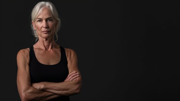 Mid age woman standing behind a flat background