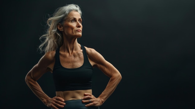 Mid age woman standing behind a flat background