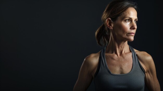 Mid age woman standing behind a flat background