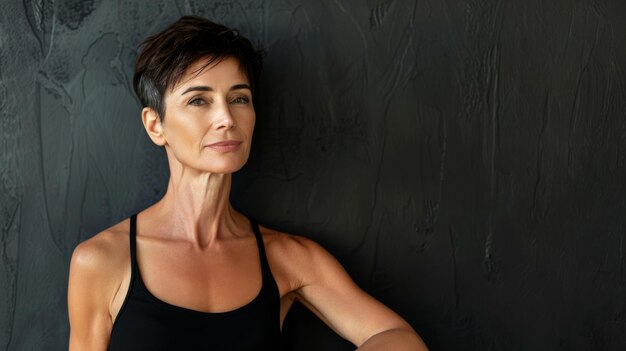 Mid age woman standing behind a flat background