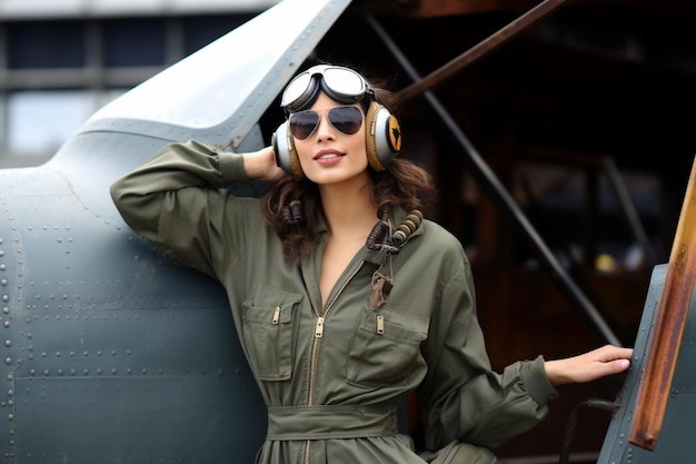 Photo mid aged adult female who is in the air forced dresses in a aviator outfit