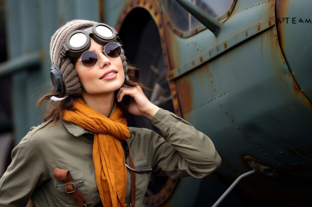 Photo mid aged adult female who is in the air forced dresses in a aviator outfit