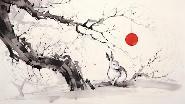 Mid Autumn Festival Banner with Rabbit Moon Ink Painting