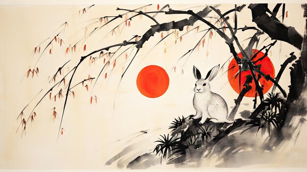 Mid Autumn Festival Banner with Rabbit Moon Ink Painting