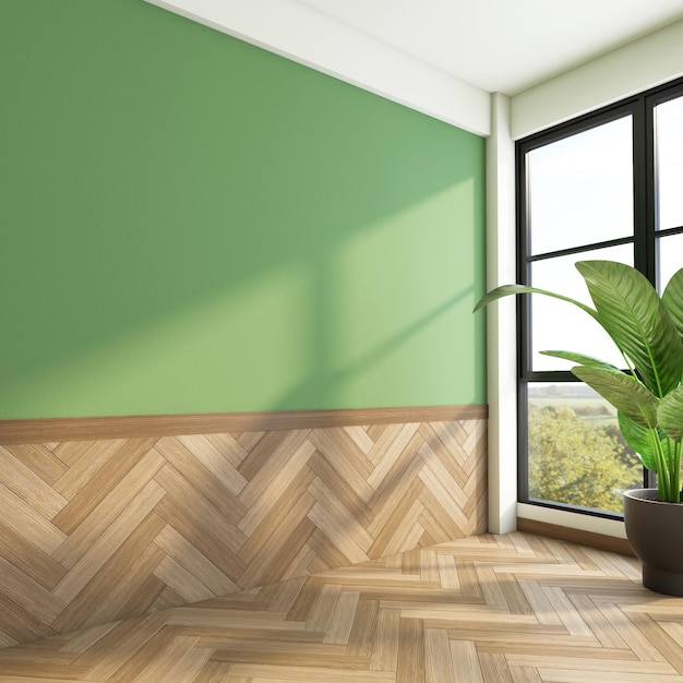 Mid century modern empty room with green wall and wood floor 3d rendering