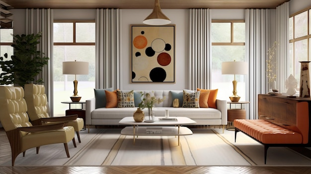 Mid century modern living room decoration furniture minimalist and colorful Copy space for your text