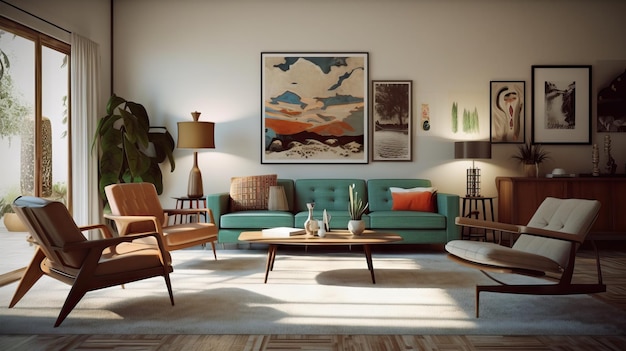 Mid century modern living room decoration furniture minimalist and colorful Copy space for your text