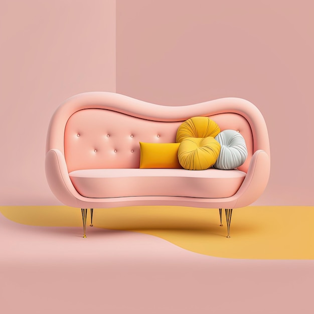 Mid century pink accent sofa on pink background