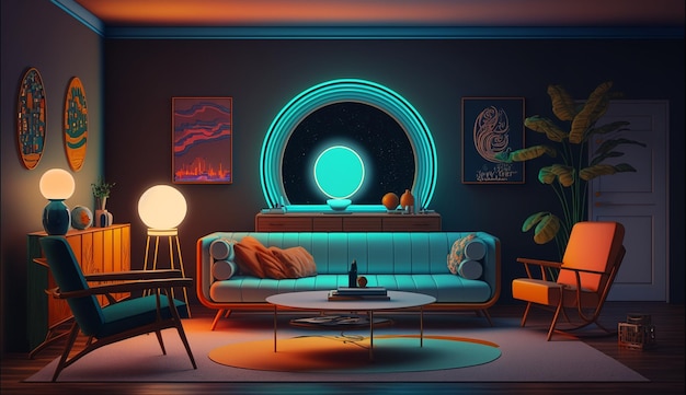 Mid country modern neon color living room interior design AI Generated image