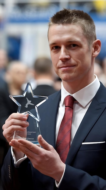 Photo mid section of man with formal wear holding star glass trophy