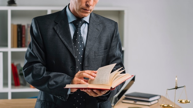 Mid section of mature lawyer reading book in the office